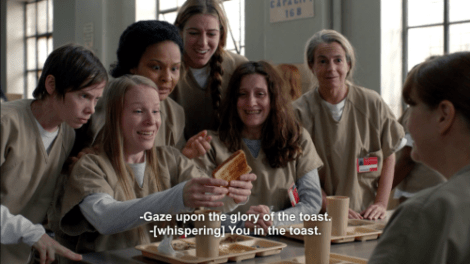 Leanne (Emma Myles) looks at Norma's image on the toast. Courtesy of Netflix.